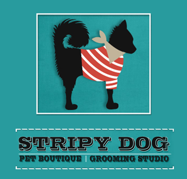 The Stripy Dog, dog groomers logo. A cartoon black dog, wearing a red and white striped jumper
